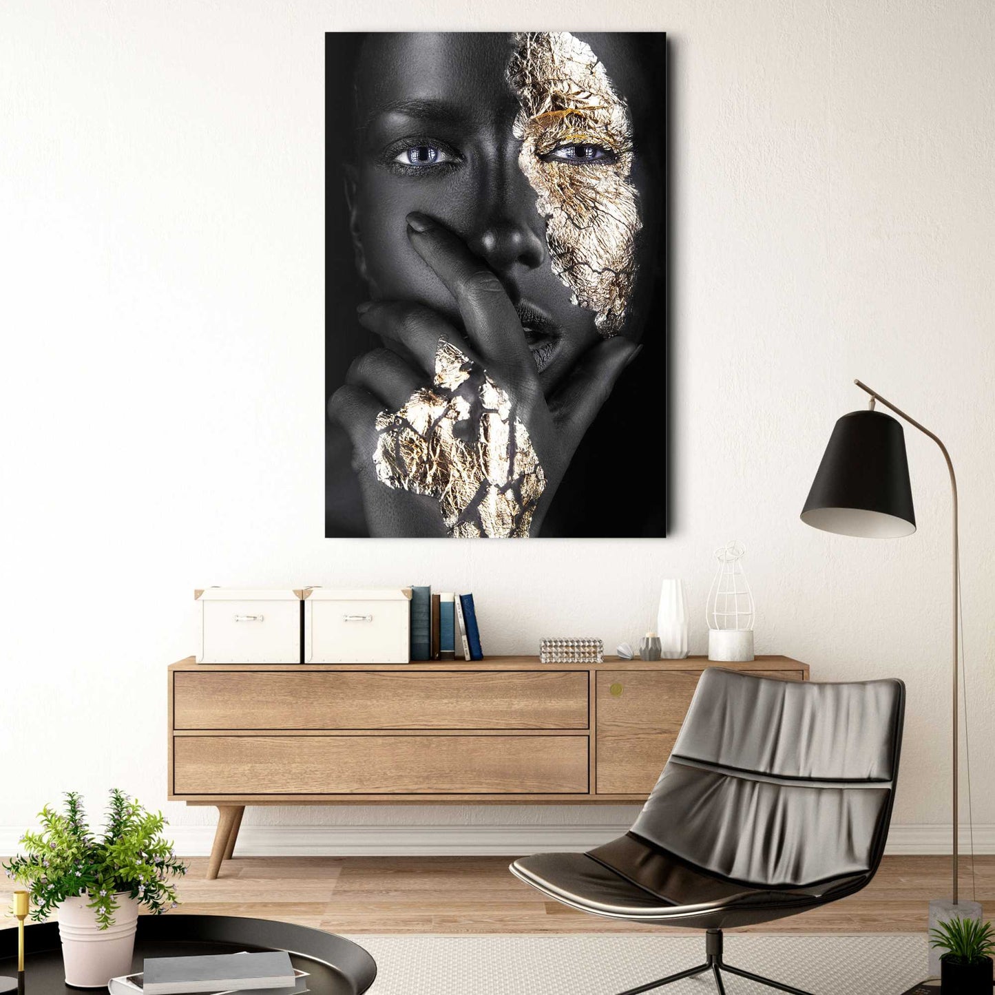 Glasschilderij Black Gold Face 116x78