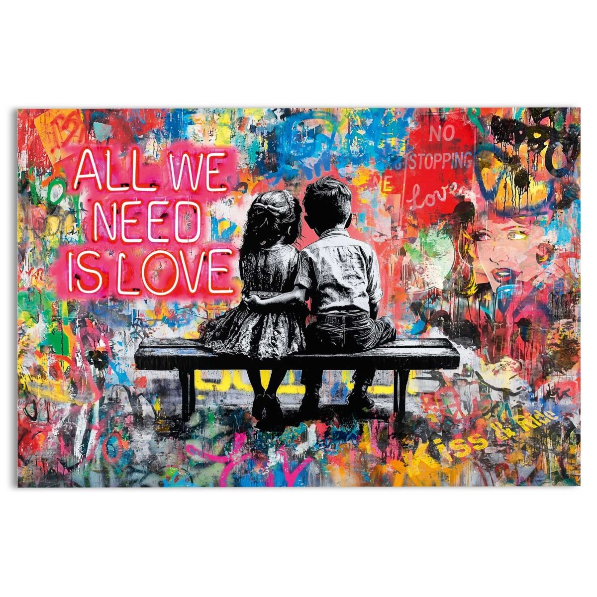 ★ORIGINALアート YOU DESERVE LOVE Glasschilderij Street art all you need is love 78x116 – Reindersshop