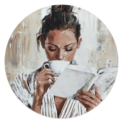 Glasschilderij Ochtendkoffie met een Boek I 50 Rond - Reinders