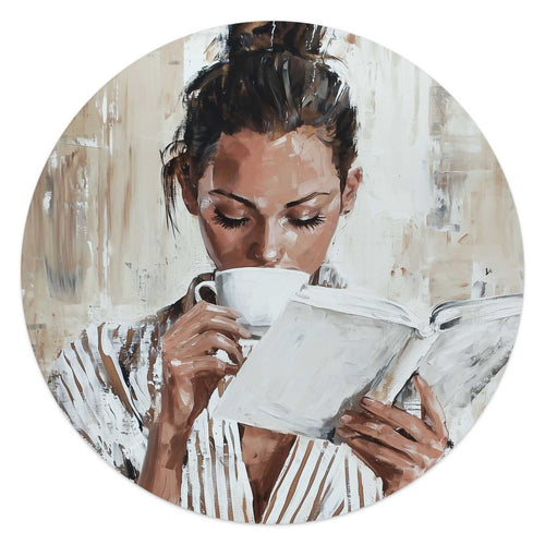 Glasschilderij Ochtendkoffie met een Boek I 50 Rond