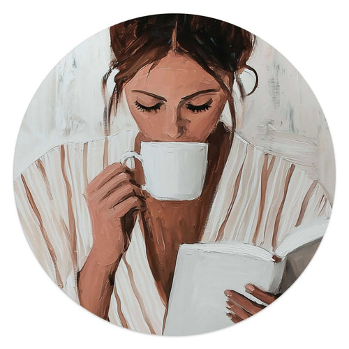 Glasschilderij Ochtendkoffie met een Boek II 50 Rond