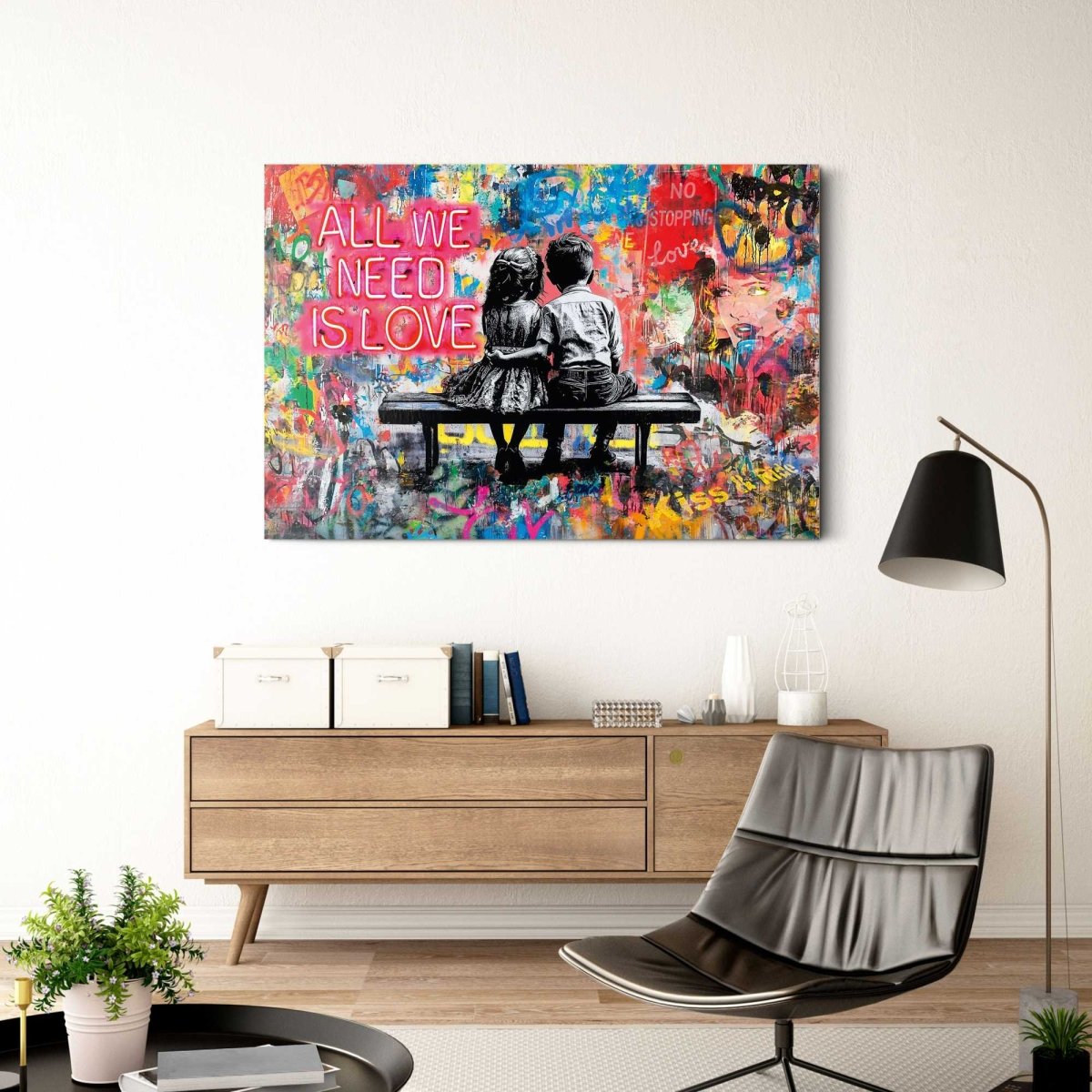 Glasschilderij Street art all you need is love 78x116 – Reindersshop