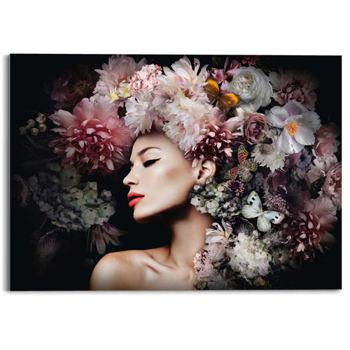 Plexiglasschilderij Vrouw met bloemenhoed  50x70