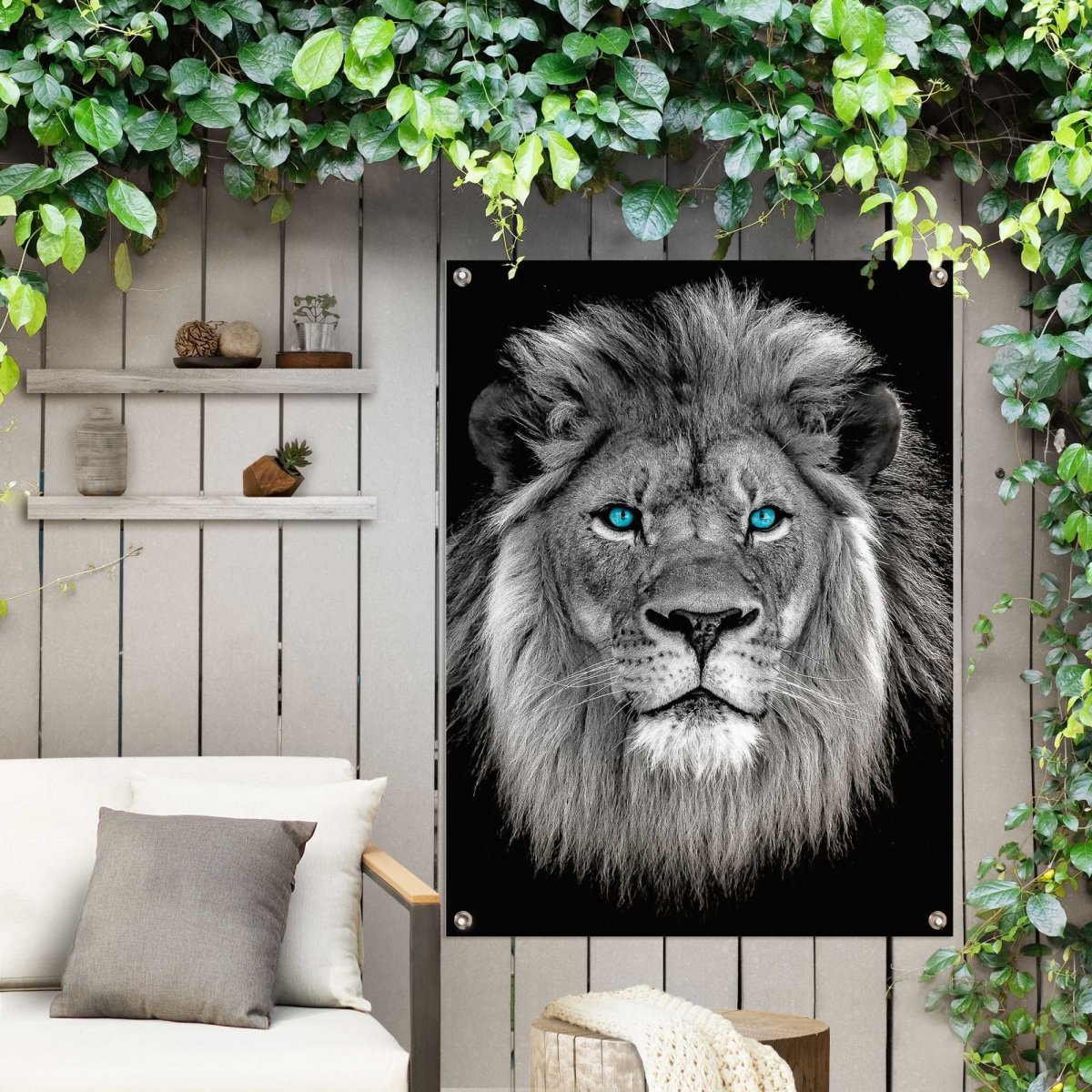 Tuinposter Leeuw met blauwe ogen 80x60 - Reinders